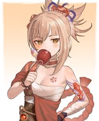 Rule 34 | 1girl, bandages, bare shoulders, blonde hair, blush, breasts, candy apple, chest sarashi, choker, cleavage, collarbone, commentary, eyeshadow, food, genshin impact, gradient background, gukuli, hair ornament, highres, holding, holding food, japanese clothes, kimono, looking at viewer, makeup, obi, orange choker, orange kimono, sarashi, sash, short hair, short ponytail, solo, strapless, tube top, upper body, white background, wrist wrap, yellow background, yellow eyes, yoimiya (genshin impact)