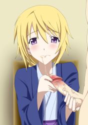 Rule 34 | 10s, 1girl, bad id, bad pixiv id, blonde hair, blush, censored, charlotte dunois, closed mouth, cum, cum in mouth, cum string, infinite stratos, japanese clothes, kimono, penis, purple eyes, solo focus, tears, testicles, veins, veiny penis, yoshida keiji