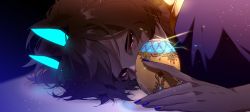 Rule 34 | 1boy, arjuna (fate), arjuna alter (fate), black hair, blue nails, covered mouth, dark-skinned male, dark skin, fate/grand order, fate (series), from side, fuka (hk nemo), glint, glowing, glowing horns, half-closed eyes, highres, horns, light particles, looking at viewer, lying, male focus, nail polish, on stomach, upper body