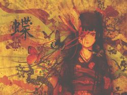Rule 34 | 00s, 1girl, abe yoshitoshi, black hair, blunt bangs, bow, branch, bug, butterfly, enma ai, flower, hair bow, highres, hime cut, insect, japanese clothes, jigoku shoujo, kimono, leaf, lips, lipstick, long hair, makeup, red eyes, solo, wallpaper