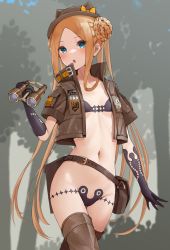 Rule 34 | 1girl, abigail williams (fate), abigail williams (swimsuit foreigner) (fate), abigail williams (swimsuit foreigner) (first ascension) (fate), absurdres, belt, bikini, binoculars, black bikini, blonde hair, blue eyes, blush, boots, braid, braided bun, breasts, brown footwear, brown hat, brown jacket, chestnut mouth, collarbone, cropped jacket, double bun, duplicate, fate/grand order, fate (series), forehead, hair bun, hat, highres, jacket, kopaka (karda nui), long hair, looking at viewer, navel, open clothes, open jacket, open mouth, parted bangs, pouch, short sleeves, sidelocks, small breasts, solo, swimsuit, thigh boots, thighhighs, thighs, twintails, very long hair
