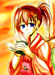 Rule 34 | 00s, 1girl, alternate costume, alternate hairstyle, cup, japanese clothes, kimono, lyrical nanoha, mahou shoujo lyrical nanoha, mahou shoujo lyrical nanoha strikers, solo, teacup, yagami hayate, zinno