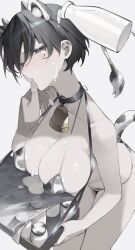 Rule 34 | 1girl, 1other, absurdres, animal ears, animal print, bell, bikini, black choker, black eyes, black hair, blue archive, blush, bottle, breasts, choker, cleavage, cow horns, cow print, cow tail, cowboy shot, disembodied hand, g5 (g5 gugu), grey background, highres, holding, horns, large breasts, looking at viewer, milk, milk bottle, neck bell, short hair, simple background, solo focus, suggestive fluid, swimsuit, tail, tsubaki (blue archive), white bikini