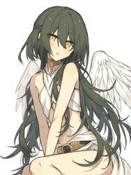 Rule 34 | 1010 neg, 1girl, angel wings, bare arms, blush, crop top, green hair, hair between eyes, highres, long hair, looking at viewer, original, parted lips, simple background, sitting, v arms, very long hair, white background, wings, yellow eyes