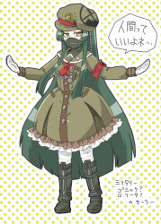 Rule 34 | 1girl, armband, bandaged hand, bandaged leg, bandages, black footwear, black mask, blunt bangs, blunt ends, boots, buttons, cabbie hat, chain, collared dress, commentary request, covered mouth, danganronpa (series), danganronpa v3: killing harmony, dress, eyelashes, eyeshadow, frilled dress, frills, full body, genderswap, genderswap (mtf), green background, green dress, green hair, green hat, green sailor collar, green sleeves, hat, long hair, long sleeves, makeup, mask, medium dress, mouth mask, neckerchief, outline, outstretched arms, polka dot, polka dot background, red armband, red eyeshadow, red neckerchief, sailor collar, shinguji korekiyo, sidelocks, simple background, solo, speech bubble, straight hair, translation request, two-tone background, very long hair, white background, white outline, yachiuo, yellow eyes, zipper, zipper pull tab
