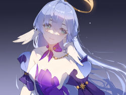 Rule 34 | 1girl, absurdres, bare shoulders, black background, blue hair, breasts, choker, cleavage, commentary, detached sleeves, dress, gradient background, grey background, grey eyes, halo, head wings, highres, honkai: star rail, honkai (series), long hair, looking at viewer, purple choker, purple dress, robin (honkai: star rail), short sleeves, small breasts, smile, smurtz, solo, strapless, strapless dress, two-tone dress, upper body, very long hair, white dress, wings