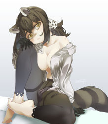 Rule 34 | 1girl, animal ears, arknights, barefoot, black leggings, breasts, brown eyes, brown hair, cleavage, closed mouth, collarbone, collared shirt, dress shirt, highres, large breasts, leggings, looking at viewer, polka dot, polka dot shirt, raccoon ears, raccoon girl, raccoon tail, robin (arknights), seto tinami, shirt, shirt partially removed, sitting, solo, tail
