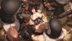 Rule 34 | 1girl, 5boys, arms up, black hair, black thighhighs, blood, blush, bottomless, breasts, breasts apart, breasts out, brown eyes, bukkake, clothed sex, collarbone, corset, crying, crying with eyes open, cum, cum on body, cum on breasts, cum on clothes, cum on hair, cum on lower body, cum on upper body, empty eyes, erection, eyebrows, facial, fingernails, from above, gradient hair, groin, group sex, half-closed eyes, hetero, highres, holding, holding knife, holding weapon, knife, kuon (kwonchanji), large breasts, leg grab, long sleeves, looking at viewer, lying, multicolored hair, multiple boys, multiple penises, nipples, no panties, on back, on ground, open clothes, open mouth, penis, pussy, rape, red hair, ruby rose, rwby, saliva, sex, short hair, signature, solo focus, spread legs, sweat, tears, teeth, testicles, thighhighs, tongue, uncensored, upper teeth only, vaginal, veins, veiny penis, weapon, yang xiao long
