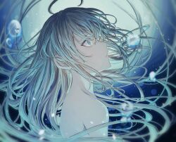 Rule 34 | 1girl, ahoge, air bubble, bare shoulders, blue eyes, blue hair, bubble, expressionless, fate/grand order, fate (series), floating hair, from side, highres, long hair, parted lips, profile, sketch, solo, aesc (fate), underwater, upper body, yagi (yagi5art)