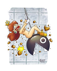 Rule 34 | 1girl, ? block, breasts, brick, brown hair, chain, chain chomp, crazy eyes, crazy smile, crown, earrings, fangs, flower earrings, jewelry, looking at viewer, mario (series), navel, nintendo, nude, open mouth, princess daisy, short hair, sitting, smile, super mario bros. 3, super mario land, swinging, thebourgyman, tongue, tongue out, wall, wrecking ball