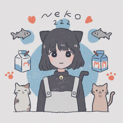 Rule 34 | 1girl, :3, animal, animal ears, bell, black eyes, black hair, black sweater, cat, cat ears, cat girl, cat tail, fish, heart, highres, jingle bell, kimura ansai, looking at viewer, milk, milk carton, original, overalls, short hair, simple background, sweater, tail, white overalls
