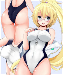 Rule 34 | 1girl, :d, ass, backless swimsuit, bakko, bare shoulders, black one-piece swimsuit, blonde hair, blue background, blue eyes, blush, border, breasts, collarbone, commentary request, competition swimsuit, fate/grand order, fate (series), glasses, heart, heart-shaped pupils, highleg, highleg swimsuit, highres, jacket, jeanne d&#039;arc (fate), jeanne d&#039;arc (ruler) (fate), jeanne d&#039;arc (swimsuit archer) (fate), jeanne d&#039;arc (swimsuit archer) (second ascension) (fate), large breasts, long hair, multicolored clothes, multicolored swimsuit, multiple views, off shoulder, one-piece swimsuit, open clothes, open jacket, open mouth, ponytail, red-framed eyewear, smile, swimsuit, symbol-shaped pupils, very long hair, whistle, whistle around neck, white border, white one-piece swimsuit
