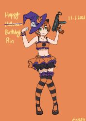 Rule 34 | 1girl, absurdres, animal ears, animal print, artist name, artist request, bare shoulders, black footwear, black legwear, bra strap, breasts, cat ears, cat print, clenched hand, collarbone, female focus, frilled legwear, full body, ghost, green eyes, gun, hair between eyes, halloween, hat, highres, holding, holding gun, holding weapon, hoshizora rin, l0ssl3ssx, looking at viewer, love live!, love live! school idol project, miniskirt, orange background, orange hair, orange legwear, orange skirt, orange wrist cuffs, parted lips, plaid, plaid vest, pleated, pleated skirt, pumpkin, purple hat, purple skirt, shoes, short hair, skirt, smile, solo, standing, striped legwear, vest, weapon, witch hat, wrist cuffs, yellow eyes