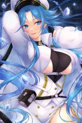 Rule 34 | 1girl, arms up, azur lane, belt pouch, black gloves, blue eyes, blue hair, breasts, closed mouth, coat, coat dress, commentary request, cowboy shot, gloves, hat, highres, large breasts, long hair, looking at viewer, parted bangs, partial commentary, peaked cap, pouch, sidelocks, smile, solo, sovetskaya belorussiya (azur lane), underboob, underbust, very long hair, waa! okami, white coat, white hat