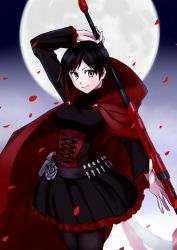 Rule 34 | 1girl, black hair, black pantyhose, bosatsu touge, breasts, cape, corset, full moon, grey eyes, highres, jpeg artifacts, moon, over shoulder, pantyhose, petals, red cape, rose petals, ruby rose, rwby, scythe, short hair, skirt, skirt set, smile, solo, weapon, weapon over shoulder