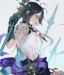 Rule 34 | 1boy, absurdres, arm tattoo, closed mouth, commentary, eyeshadow, facial mark, forehead mark, genshin impact, gloves, highres, holding, holding polearm, holding weapon, jewelry, kamui (kurohshiro1), long hair, makeup, male focus, multicolored hair, necklace, polearm, red eyeshadow, simple background, solo, spear, tattoo, toned, toned male, two-tone hair, weapon, xiao (genshin impact), yellow eyes