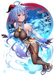 Rule 34 | 1girl, ahoge, bare shoulders, bell, black gloves, blue hair, blush, breasts, brown pantyhose, detached sleeves, dress, elbow gloves, full body, ganyu (genshin impact), genshin impact, gloves, highres, horns, jewelry, large breasts, long hair, mana (remana), pantyhose, pendant, purple eyes, thighs, vision (genshin impact), water, white dress