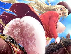 Rule 34 | 1girl, ail soft, anal, anal object insertion, asahina sutera, blonde hair, breasts, cameltoe, game cg, green eyes, horse, horseback riding, huge breasts, large breasts, long hair, maternity insult, nipples, object insertion, open mouth, peeing, plump, pregnant, riding, saddle, sex toy, sky, solo, vaginal, vaginal object insertion, vibrator, vibrator under clothes