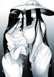 Rule 34 | 2girls, absurdres, asymmetrical docking, blush, breast press, breasts, cleavage, dress, greyscale, hair over one eye, hasshaku-sama, hat, highres, huge breasts, japanese clothes, kimono, lips, long hair, mole, mole under mouth, monochrome, multiple girls, nose blush, original, puckered lips, shibainu goro, simple background, sleeveless, sleeveless dress, sleeves past fingers, sleeves past wrists, sun hat, sweat, triangular headpiece, very long hair, wide sleeves