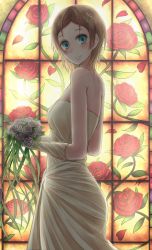 Rule 34 | 1girl, atelier (series), atelier meruru, bad id, bad pixiv id, bare shoulders, blue eyes, blush, bouquet, brown hair, dress, esty erhard, female focus, flower, gloves, gust, hair ornament, hairclip, highres, kino (kino buro), looking at viewer, red flower, red rose, rose, short hair, smile, solo, stained glass, standing, wedding dress