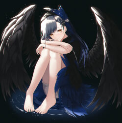 Rule 34 | 1girl, absurdres, bare legs, barefoot, black background, black hair, black wings, blush, bsmage, closed mouth, commentary, floating, hair ornament, highres, hugging own legs, light particles, long hair, looking at viewer, orange eyes, project sekai, shiraishi an, shorts, sitting on water, solo, star (symbol), star hair ornament, symbol-only commentary, wings