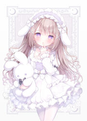 Rule 34 | 1girl, blush, border, brown hair, commentary request, dated, dress, finger to mouth, hair ornament, hairband, head tilt, highres, holding, holding stuffed toy, inset border, lolita fashion, long hair, looking at viewer, omochi monaka, original, ornate border, pantyhose, purple eyes, signature, simple background, stuffed animal, stuffed rabbit, stuffed toy, wavy hair, white background, white dress, white pantyhose, x hair ornament