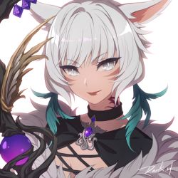 Rule 34 | 1girl, animal ears, artist name, black choker, black dress, bright pupils, cat ears, choker, closed mouth, commentary, dark.h, dress, earrings, facial mark, feather earrings, feathers, final fantasy, final fantasy xiv, fur-trimmed dress, fur trim, grey eyes, holding, holding staff, jewelry, looking at viewer, miqo&#039;te, neck tattoo, red lips, short hair, simple background, solo, staff, tattoo, upper body, whisker markings, white background, white hair, white pupils, y&#039;shtola rhul