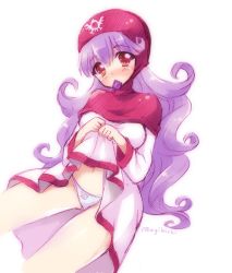 Rule 34 | 1girl, blush, breasts, clothes lift, commentary request, condom, condom in mouth, condom wrapper, curly hair, dragon quest, dragon quest ii, dress, dress lift, hat, hood, hood up, kichijou agata, long hair, looking at viewer, medium breasts, mouth hold, panties, princess, princess of moonbrook, purple hair, robe, solo, underwear, white dress, white robe