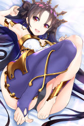 Rule 34 | 1girl, :d, anklet, archer (ishtar), arm up, armlet, armpits, ass, asymmetrical legwear, awa (rosemarygarden), bare arms, bare legs, bare shoulders, barefoot, bed, between toes, black hair, black panties, black ribbon, blue thighhighs, blush, clenched hands, crown, dutch angle, earrings, fate/grand order, fate (series), feet, female focus, gem, hair ribbon, happy, hoop earrings, ishtar (fate), jewelry, knees up, legs, long hair, looking at viewer, lying, neck, neck ring, no shoes, on back, on bed, open mouth, panties, parted bangs, red eyes, revealing clothes, ribbon, round teeth, single bare arm, single thighhigh, smile, strapless, teeth, thighhighs, thighlet, toeless legwear, toes, tohsaka rin, two side up, type-moon, underwear, uneven legwear, very long hair
