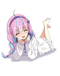 Rule 34 | 1girl, absurdres, ahoge, asanaya, barefoot, blue hair, blush, braid, cardigan, clenched hands, closed eyes, feet, hairband, hand to own mouth, highres, hololive, legs up, long hair, lying, minato aqua, minato aqua (sailor), multicolored hair, on stomach, open mouth, pink hair, simple background, smile, soles, solo, the pose, toes, twin braids, twintails, two-tone hair, virtual youtuber, white background, white cardigan