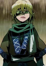 Rule 34 | 1girl, black shirt, blonde hair, brown background, brown shirt, commentary, cowboy shot, flat chest, gagamatsu, green eyes, looking at viewer, mizuhashi parsee, one-hour drawing challenge, open mouth, pointy ears, rain, scarf, shadow, shirt, short hair, short sleeves, solo, touhou, undershirt, white scarf