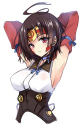 Rule 34 | 10s, 1girl, arm ribbon, armpits, arms behind head, arms up, backlighting, black hair, blue ribbon, blush, breasts, brown hair, choker, forehead protector, from side, hayakawa harui, head tilt, headpiece, japanese clothes, koutetsujou no kabaneri, large breasts, long sleeves, looking at viewer, mole, mole under eye, mumei (kabaneri), neck ribbon, parted bangs, parted lips, red eyes, ribbon, ribbon choker, short hair, sideboob, simple background, sketch, solo, underbust, upper body, white background