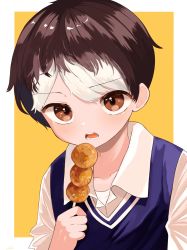 Rule 34 | 1boy, brown eyes, brown hair, child, collared shirt, colored tips, commentary request, food, highres, holding, holding food, holding skewer, kebab, kurinsubtaro, looking at viewer, lower teeth only, male focus, meat, meatball, multicolored hair, open mouth, original, shirt, short hair, simple background, skewer, solo, teeth, two-tone hair, upper teeth only, white hair