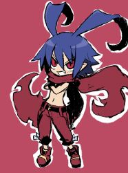 Rule 34 | 1boy, anini, antenna hair, belt, blue hair, commentary, crossed arms, demon boy, disgaea, disgaea d2, full body, hair between eyes, highres, laharl, navel, pants, pointy ears, red background, red eyes, red footwear, red pants, red scarf, scarf, shoes, smile, solo, teeth, topless male