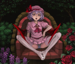 Rule 34 | 1girl, :o, arm support, armchair, bad id, bad pixiv id, bat wings, butterfly sitting, chair, feet, feet on chair, female focus, flower, hat, mitsuki32k, no pants, open mouth, panties, purple hair, red eyes, remilia scarlet, rose, short hair, sitting, solo, striped clothes, striped panties, thighhighs, touhou, underwear, white thighhighs, wings