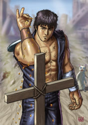 Rule 34 | 1boy, abs, bandaged arm, bandages, black hair, cat, commentary request, cross, dated, eyebrows, frown, gold, hokuto no ken, jacket, kenshiro, male focus, matataku, meme, muscular, open clothes, open vest, salt bae (meme), scar, short hair, solo, standing, surprised cat (matataku), topless male, torn clothes, torn jacket, v-shaped eyebrows, vest