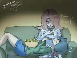 Rule 34 | 2girls, blue eyes, blue hair, blush, breasts, brown eyes, brown hair, constanze amalie von braunschbank-albrechtsberger, couch, dated, embarrassed, feeding, flirting, food, hair ornament, hair ribbon, lap pillow, little witch academia, multiple girls, open mouth, ribbon, shorts, small breasts, sucy manbavaran, tongue, wavy mouth, yuri