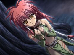 Rule 34 | 1girl, blaze of destiny ii - the beginning of the fate, blush, crop top, detached sleeves, facial mark, game cg, green sleeves, hair between eyes, hair tubes, long hair, long sleeves, looking at viewer, midriff, mildy esa lebram, navel, night, ninozen, open mouth, outdoors, pelvic curtain, pointy ears, red hair, solo, standing, stomach, tears, tree, yellow eyes