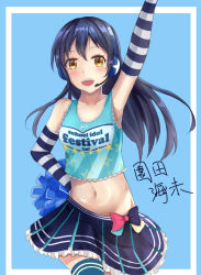 Rule 34 | 1girl, arm up, bare shoulders, blue hair, blush, cheerleader, commentary request, cowboy shot, elbow gloves, gloves, hair between eyes, headset, jimyiu1, long hair, looking at viewer, love live!, love live! school idol festival, love live! school idol project, midriff, navel, open mouth, pom pom (cheerleading), simple background, skirt, smile, solo, sonoda umi, striped clothes, striped gloves, takaramonozu, thighhighs, yellow eyes