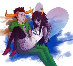 Rule 34 | 1boy, 1girl, bare shoulders, black hair, blue eyes, brown eyes, colored sclera, colored skin, costume, dress, fairy wings, fangs, glasses, grey skin, hand on another&#039;s face, homestuck, horns, joints, long hair, lowres, mechanical arms, mohawk, robot joints, scorpio (symbol), sharp teeth, short hair, single mechanical arm, sitting, sitting on person, smile, tavros nitram, teeth, thighhighs, transparent background, vriska serket, white dress, wings, yellow sclera, zettai ryouiki