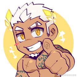 Rule 34 | 1boy, artist request, bara, chibi, dark-skinned male, dark skin, eyebrow cut, facial scar, glowing crown, highres, indie virtual youtuber, laughing, laurel crown, rai bolim, light blush, looking at viewer, male focus, mature male, multicolored hair, muscular, muscular male, no nipples, nude, outstretched hand, pectorals, reaching, reaching towards viewer, scar, scar on cheek, scar on face, scar on forehead, scar on nose, short hair, solo, thick eyebrows, thumbs up, two-tone hair, uneven eyes, upper body, virtual youtuber, white hair
