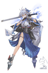 Rule 34 | 1girl, absurdres, akigeneral, artist logo, azur lane, bad id, bad pixiv id, bare shoulders, black gloves, blue skirt, corset, detached sleeves, full body, gloves, hair flaps, half gloves, highres, holding, holding sword, holding weapon, kitsune, long skirt, looking at viewer, mask, mask on head, multiple swords, multiple tails, pleated skirt, rudder footwear, short hair with long locks, side slit, simple background, skirt, socks, solo, sword, tail, thigh strap, tosa (azur lane), unsheathed, weapon, white background, white hair, white socks, white tail, wide sleeves, yellow eyes