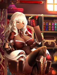 Rule 34 | 1girl, bad id, bad pixiv id, book, boots, bracer, breasts, brown thighhighs, cleavage, cross-laced footwear, crossed legs, dark-skinned female, dark skin, detached sleeves, dress, fingerless gloves, gloves, grin, knee boots, lace-up boots, lantern, large breasts, light particles, limeblock, long hair, looking at viewer, nib pen (object), notepad, orb, original, pen, scabbard, sheath, sheathed, shelf, shorts, sitting, smile, solo, strapless, strapless dress, sword, test tube, test tube rack, thighhighs, treasure chest, very long hair, weapon, white hair, window, wrist cuffs, yellow eyes