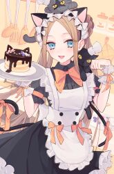 Rule 34 | 1388chan, 1girl, :d, abigail williams (fate), absurdres, alternate costume, animal, animal ears, animal on shoulder, apron, black cat, black dress, blue eyes, blueberry, bow, bow hairband, bowtie, braid, braided bun, brown hair, cat, cat day, cat ears, cat on shoulder, cat tail, center frills, collared dress, cowboy shot, double bun, dress, enmaided, fake animal ears, fake tail, fate/grand order, fate (series), food, frilled apron, frilled dress, frills, fruit, hair bun, hairband, highres, holding, holding tray, indoors, jar, ladle, long hair, looking at viewer, maid, maid headdress, open mouth, orange bow, pancake, pancake stack, parted bangs, pastry bag, paw pose, plate, puffy short sleeves, puffy sleeves, short sleeves, sidelocks, smile, solo, spatula, strawberry, tail, tail bow, tail ornament, tray, very long hair, white apron, white bow, wing collar