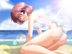 Rule 34 | 1girl, artist request, beach, bow, casual one-piece swimsuit, character request, cloud, copyright request, day, feet out of frame, from side, game cg, kneeling, lens flare, looking at viewer, looking to the side, ocean, one-piece swimsuit, outdoors, purple eyes, red hair, short hair, sky, solo, swimsuit, tagme, white bow, white one-piece swimsuit
