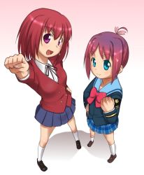 Rule 34 | 00s, 2girls, :d, amamiya manami, aqua eyes, blue eyes, bow, clenched hand, crossover, from above, gakuen utopia manabi straight!, gradient hair, hand on own hip, height difference, horie yui, kushieda minori, massugu go, multicolored hair, multiple girls, open mouth, pink bow, purple eyes, red hair, school uniform, smile, toradora!, ttomm, voice actor connection