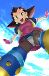 Rule 34 | 1girl, :d, brown hair, capcom, cloud, crotch plate, day, earrings, gloves, green eyes, hair slicked back, jewelry, mega man (series), mega man legends (series), open mouth, outstretched arms, pantyhose, parody, sky, smile, solo, strike witches, striker unit, sun, tron bonne (mega man), ueyama michirou, upskirt, world witches series