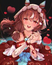 Rule 34 | 1girl, animal ears, blurry, blurry background, blush, breasts, brown hair, cherrydeswa, commentary, dark background, dress, hair ornament, heart, highres, horse ears, horse girl, long hair, looking at viewer, nail polish, open mouth, red eyes, simple background, small breasts, solo, still in love (umamusume), teeth, umamusume, upper teeth only, veil