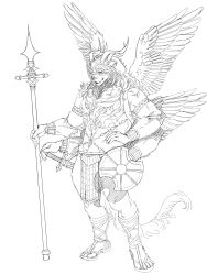 Rule 34 | 1boy, armlet, bracer, demon horns, dungeon meshi, extra arms, feathered wings, full body, furry, furry male, helmet, highres, holding, holding polearm, holding weapon, horns, horns through headwear, lion, loincloth, male focus, monochrome, multiple horns, multiple wings, polearm, sandals, shield, simple background, smile, solo, spear, spoilers, standing, sword, topless male, weapon, winged animal, winged lion (dungeon meshi), wings, wushutaichuitousangqideyizhichong