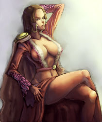 Rule 34 | 1girl, amazon warrior, arms up, bare legs, black hair, boa hancock, breasts, brown eyes, cape, center opening, cleavage, crossed legs, earrings, jewelry, kyoffie, large breasts, lips, long hair, long legs, midriff, navel, no bra, nose, one piece, sideboob, sitting, solo